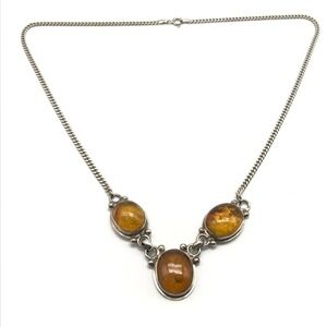 Vintage 925 Sterling Silver Amber Link Chain Necklace